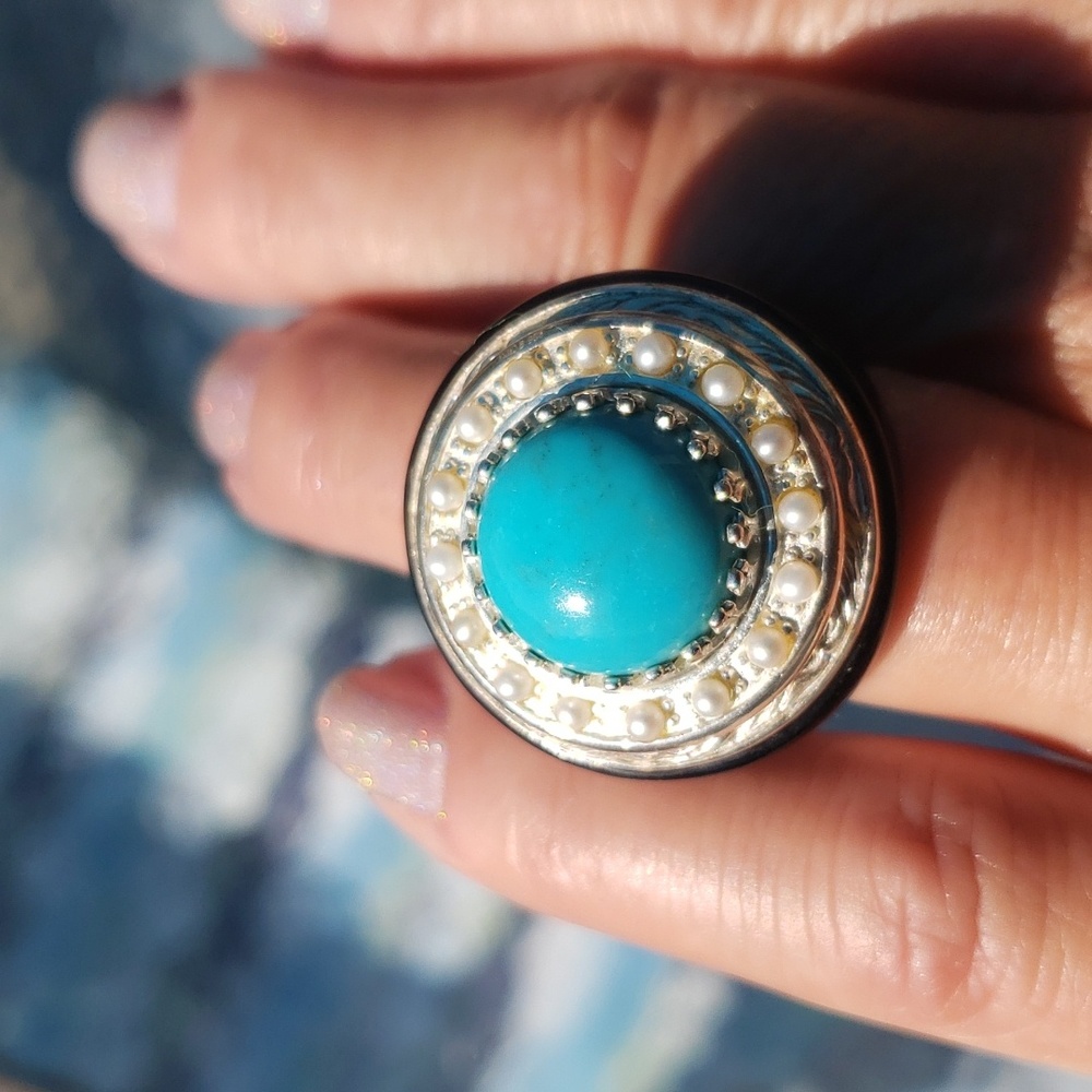 Black Onyx Sterling Pearl and Turquiose Ring
